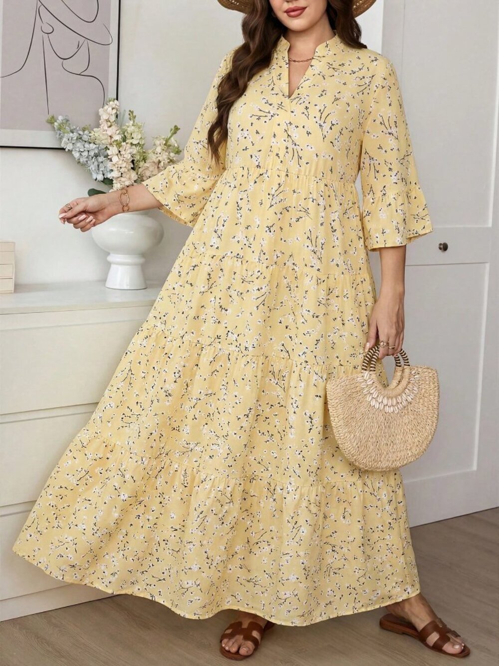 Yellow Boho Women's Ditsy Floral Sleeve Patchwork Tiered Maxi Dress - Picture 7 of 8